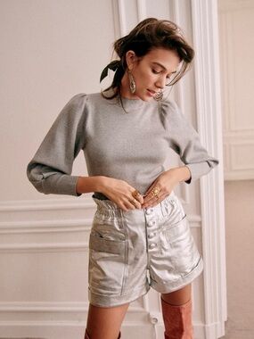 Sezane Silver-Grey Puff Sleeve Knit Top